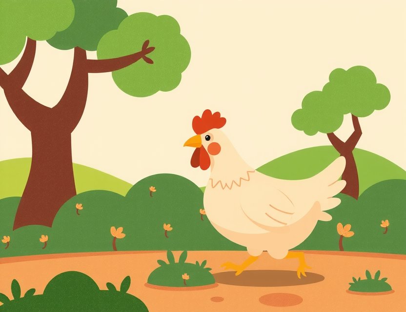 A whimsical chicken wandering in the farmyard, symbolizing the lost page