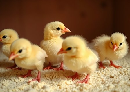 Newly hatched baby chicks in a warm brooder