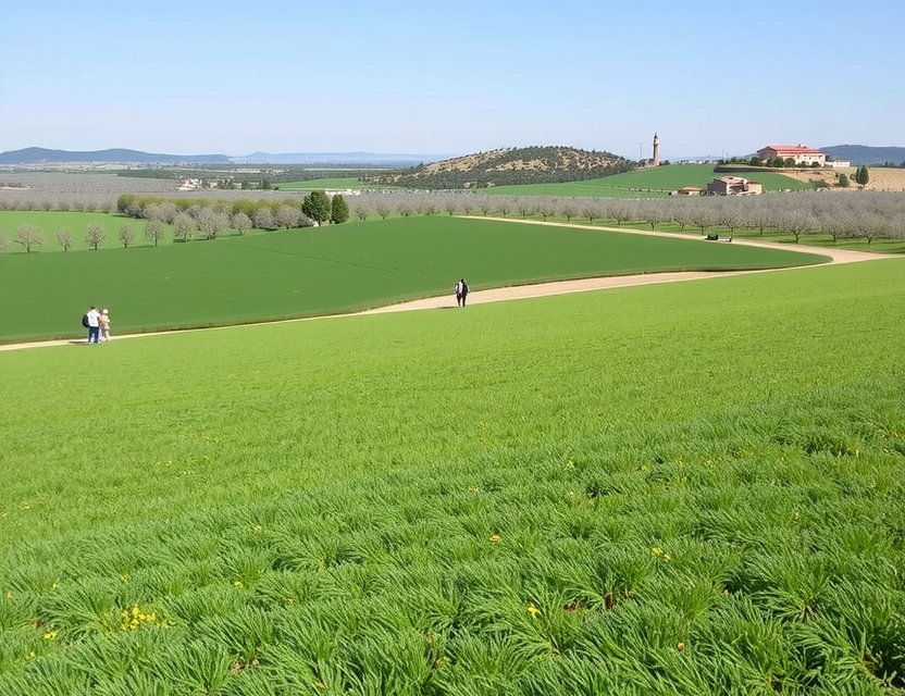 Expansive green pastures with olive groves, visitors exploring walking paths, distant farm buildings, clear blue sky, sustainable farming vibe
