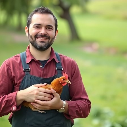 Juan, head farmer at Playvornx Farms, holding a chicken