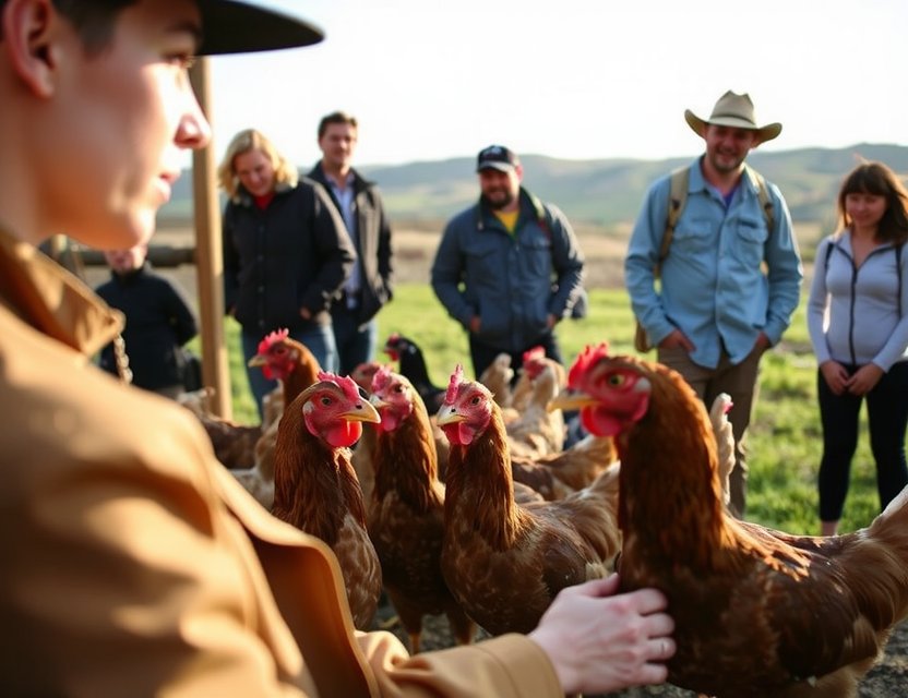 Group of visitors gently petting and observing healthy chickens in an open pasture, rustic farm setting, warm sunlight, focus on animal welfare