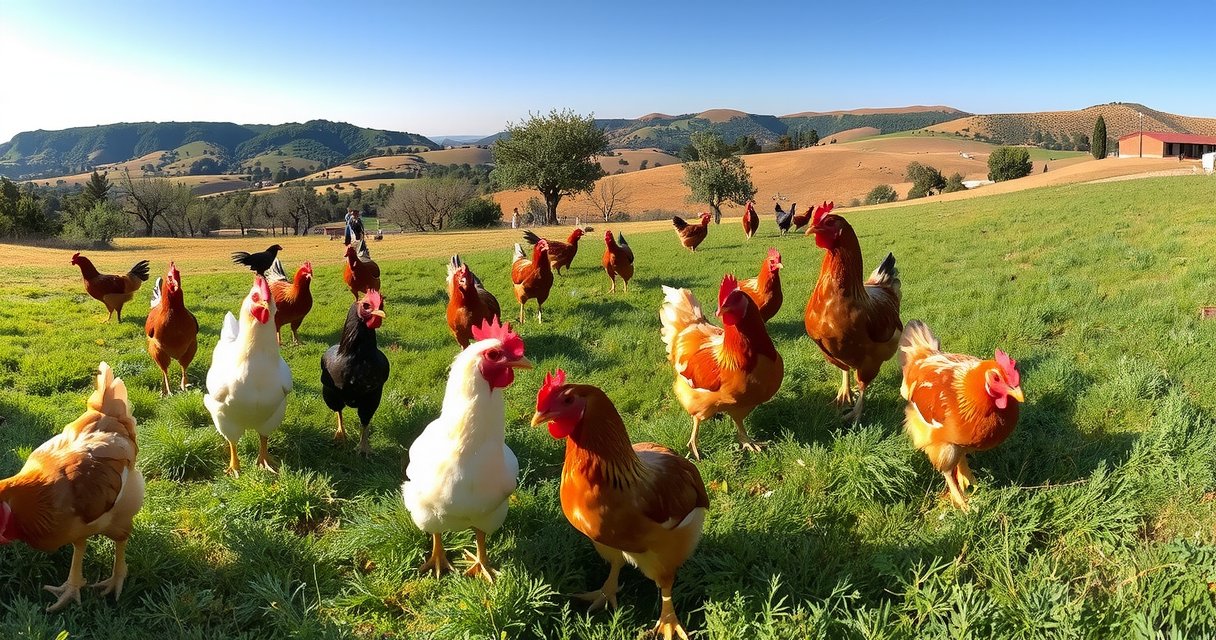 Panoramic view of Playvornx Farms in Córdoba, showcasing free-roaming chickens in lush pastures surrounded by olive groves