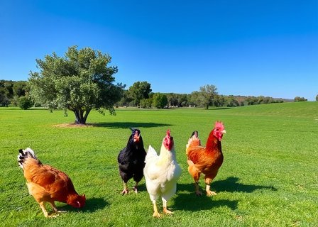 Chickens grazing freely in lush green pastures