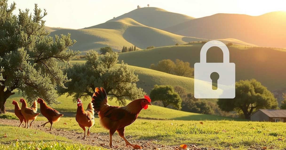 Secure farm landscape symbolizing data protection at Playvornx Farms, featuring ethical chicken Córdoba in a sustainable setting