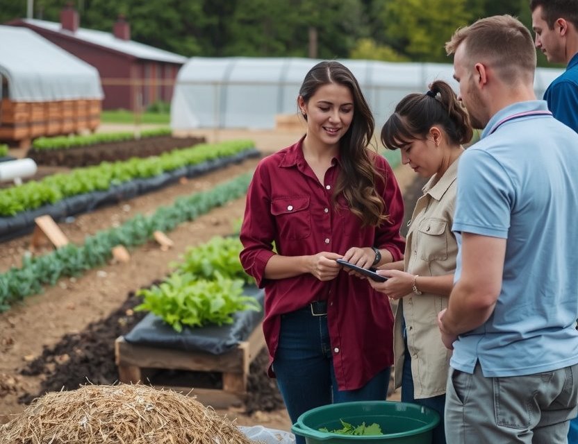 Visitors learning from a farmer about sustainable farming techniques near a compost area or irrigation system, natural materials, educational atmosphere