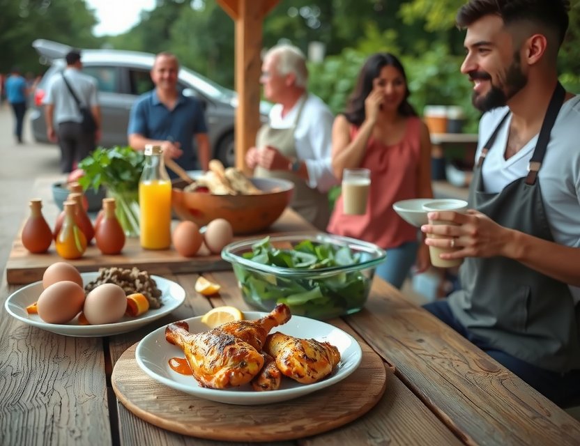 Outdoor tasting table with fresh chicken dishes and eggs, smiling visitors enjoying food, rustic wooden table, fresh ingredients, wholesome mood