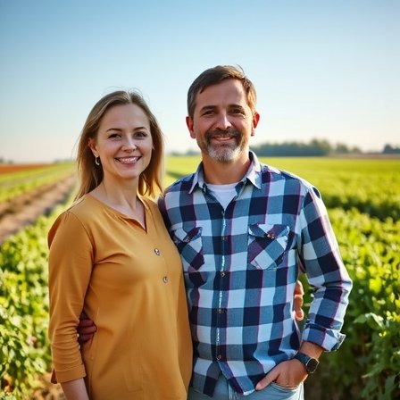 Happy middle-aged couple smiling at camera in farm setting, casual clothing, natural light, background of green fields