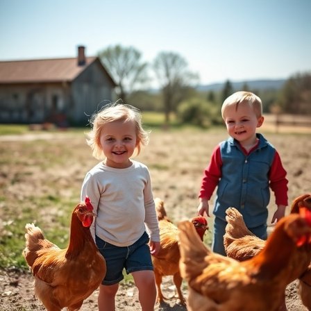Family with two children excited near chickens on a farm, joyful expressions, sunny day, rustic environment