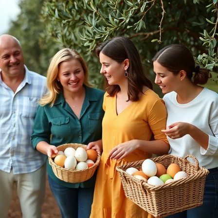 Group of friends laughing during a farm tour, holding baskets of eggs, olive trees in background, warm tones