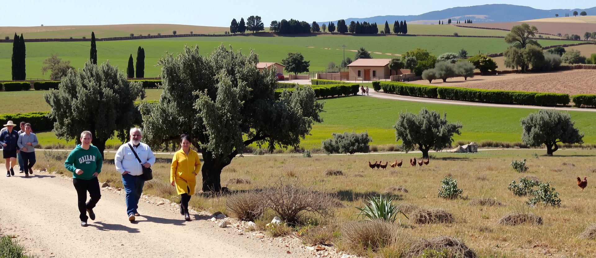 Scenic farm landscape in Córdoba Spain with green pastures, olive trees, group of diverse visitors walking on a path, free-roaming chickens in the distance, sunny day, natural earthy tones