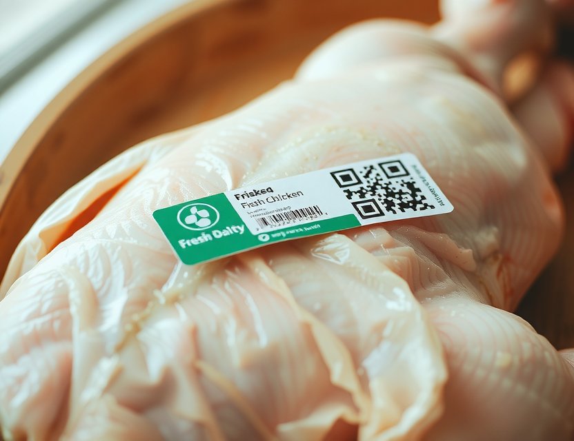 Fresh Playvornx Farms chicken product packaging with QR code for traceability, showcasing ethical chicken Córdoba