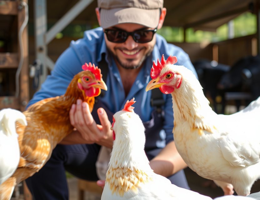Farmer demonstrating care in humane poultry Spain at Playvornx Farms
