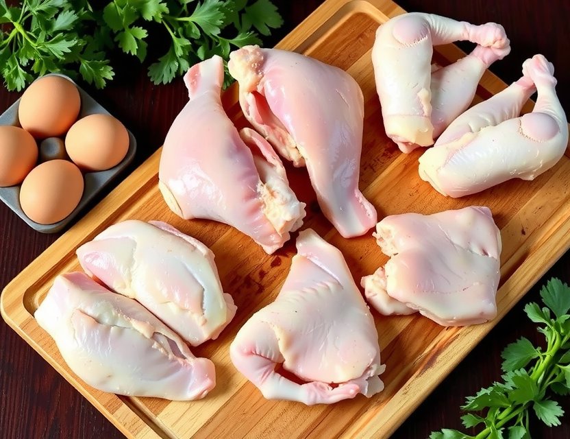 Assortment of fresh chicken cuts and bulk eggs from Playvornx Farms, showcasing ethical chicken Córdoba quality